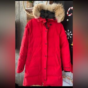 Canada Goose Bright Red Long Down Parka with Fur Trim Hood